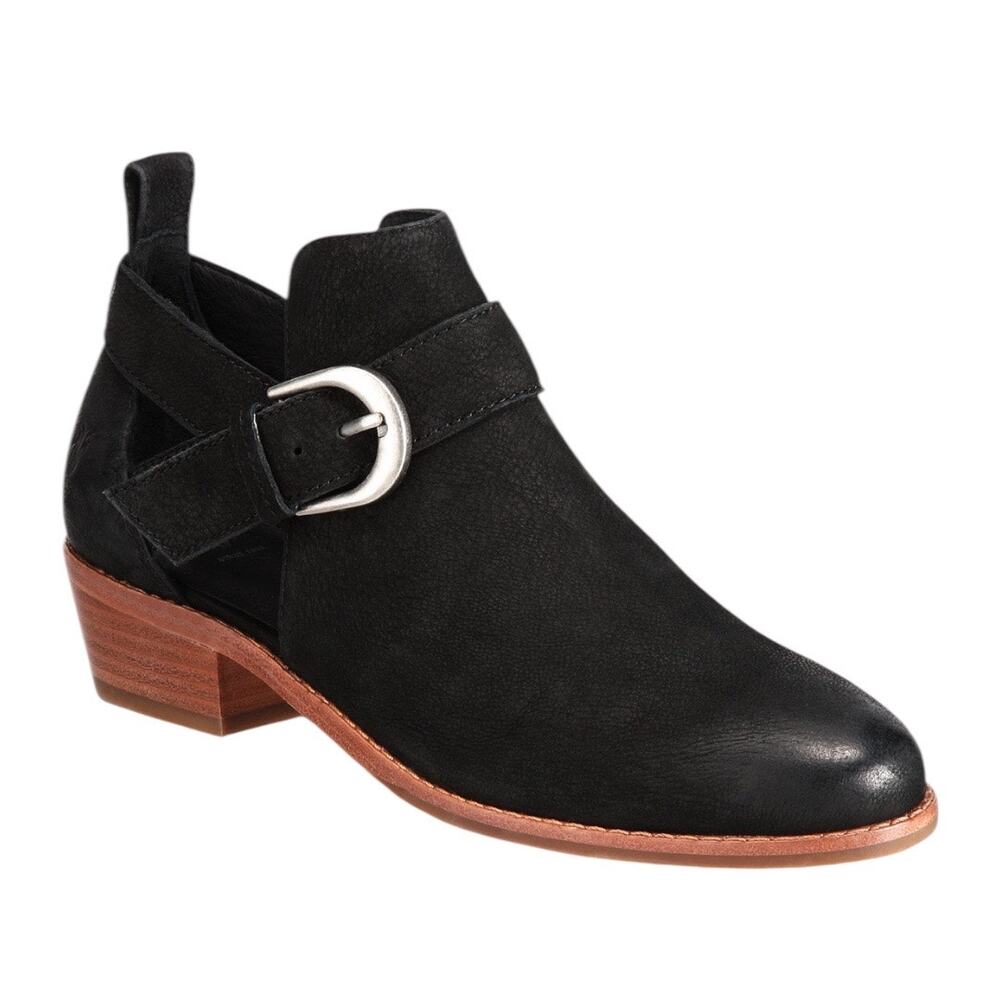 Women's Frye Size 7.5 Mia cutout Booties Black Suede Leather with Silver Buckle